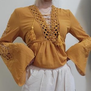 F21 Mustard Boho Lace Up Top
